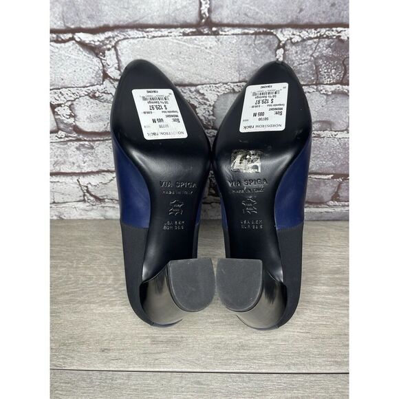 Via Spiga Midnight Navy Blue Leather Black Fabric Heels Women Sz 8.5B US/38.5EU - Picture 8 of 16
